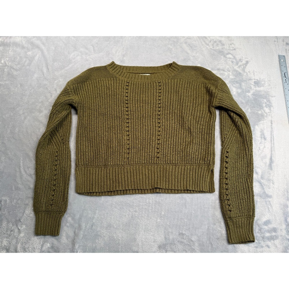 Aeropostale Cropped Sweater Women's XS Olive Chunky Knit Ribbed Hem Long Sleeve